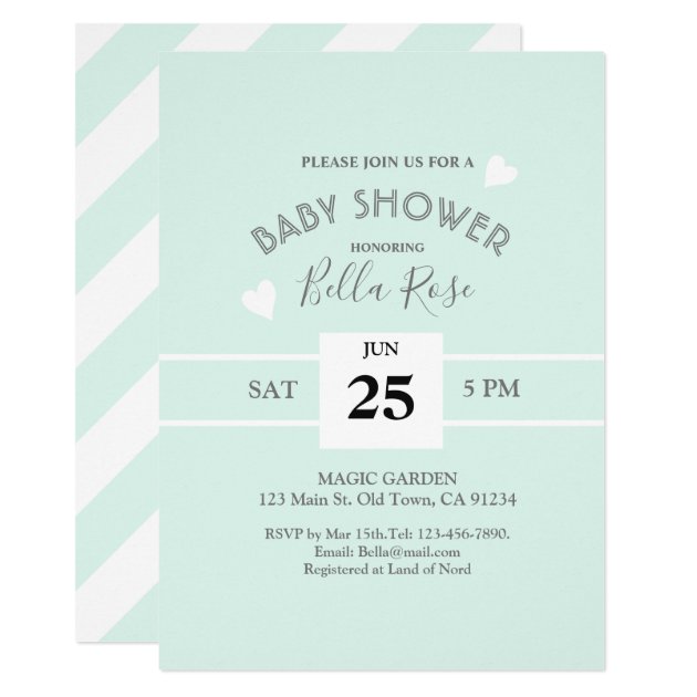 Mint Grey White Stripes Baby Shower Invite