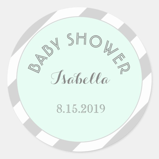 Mint Grey White Stripes Baby Shower Sticker (Front)