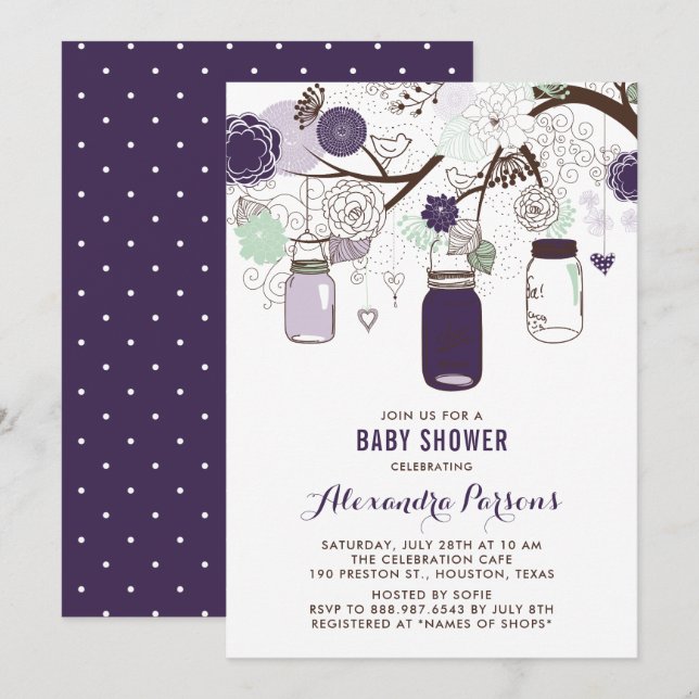 Mint Hanging Mason Jars Floral Baby Shower Invitation (Front/Back)