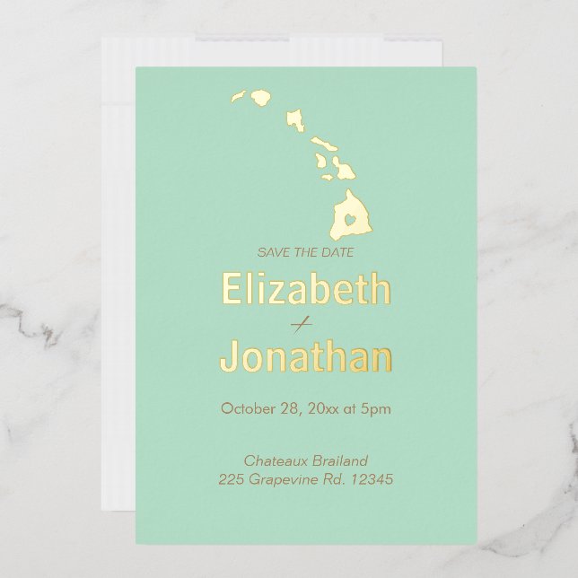 Mint Hawaii State Map Script Save The Date Gold  Foil Invitation (Envelope)