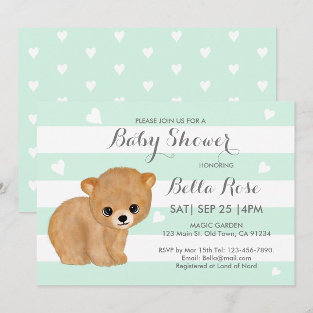 Mint Heart Bear Baby Shower Invitations (Front/Back)