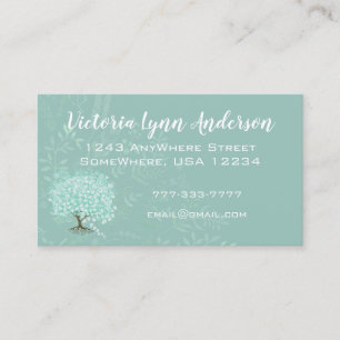 Mint Heart Leaf Tree Boho Floral and Feathers Business Card