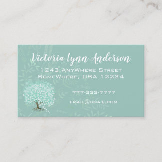 Mint Heart Leaf Tree Boho Floral and Feathers Business Card