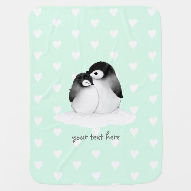 Mint Heart Pattern Penguin Baby Blanket (Front)
