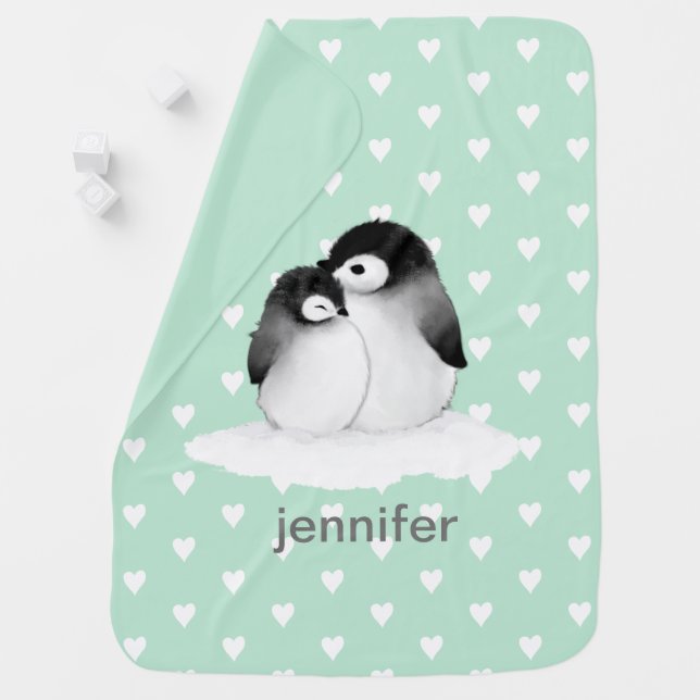 Mint Heart Pattern Penguin Baby Blankets (In Situ)