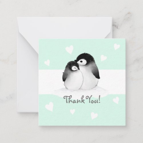 Mint Heart Penguin Thank You Notecards