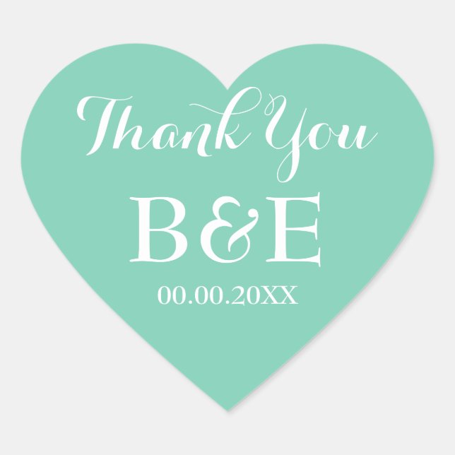 Mint heart shaped wedding favor thank you sticker (Front)