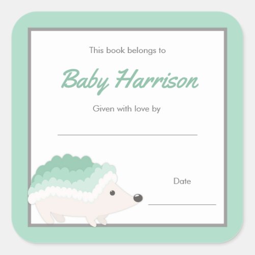 Mint Hedgehog Baby Shower Bookplate neutral book Square Sticker