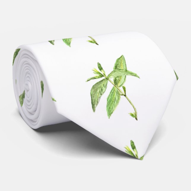 Mint herb botanical plants green garden watercolor neck tie (Rolled)