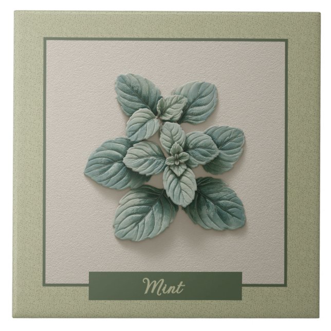 Mint Herb Kitchen Green Faux Relief Ceramic Tile (Front)
