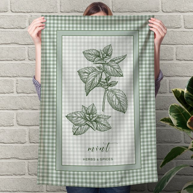 Mint Herb Kitchen Towel – Green Gingham Border (Mint Herb Kitchen Towel – Green Gingham Border)