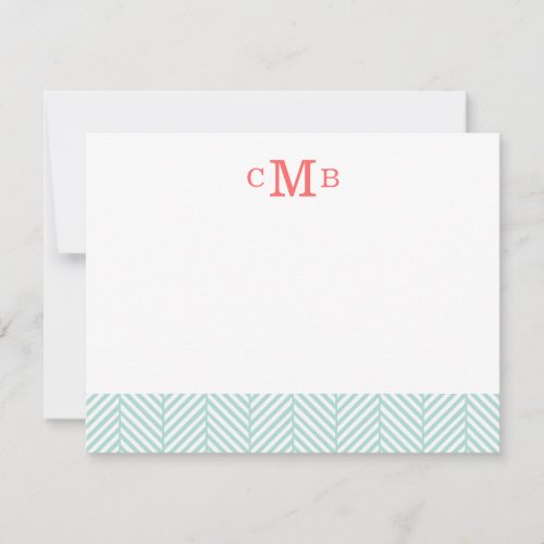 Mint Herringbone Custom Monogram Stationery Note Card