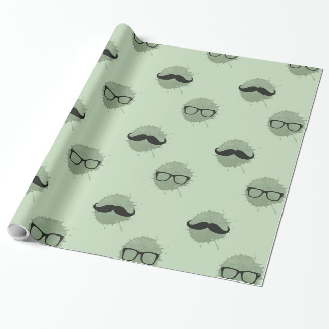 Mint Hipster Mustaches Wrapping Paper (Unrolled)