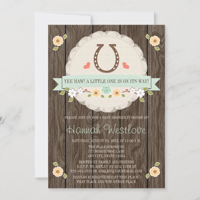 MINT HORSESHOE WESTERN GENDER NEUTRAL BABY SHOWER INVITATION (Front)