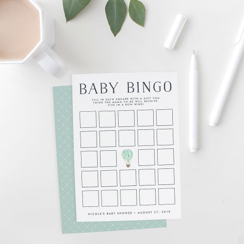 Mint Hot Air Balloon  Baby Shower Bingo Game Card