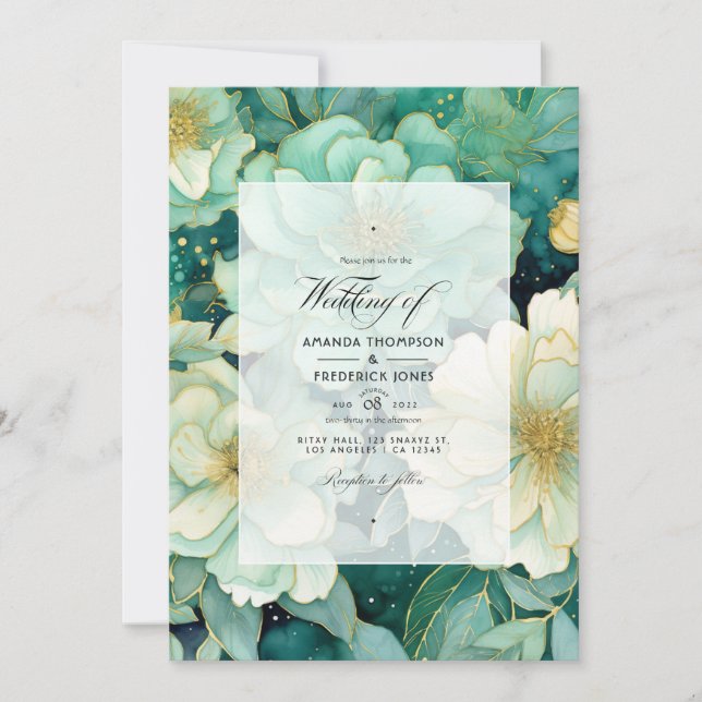 Mint, Hunter Green And Gold Floral Summer Wedding Invitation (Front)