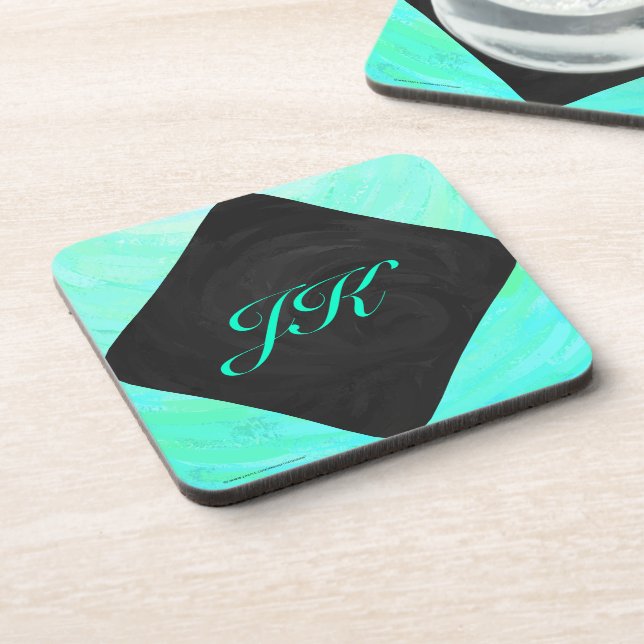 Mint Ice Blue and Black Monogram Coaster (Left Side)