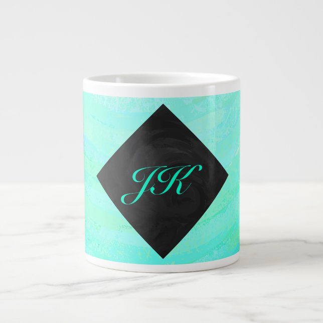 Mint Ice Blue and Black Monogram Giant Coffee Mug (Front)