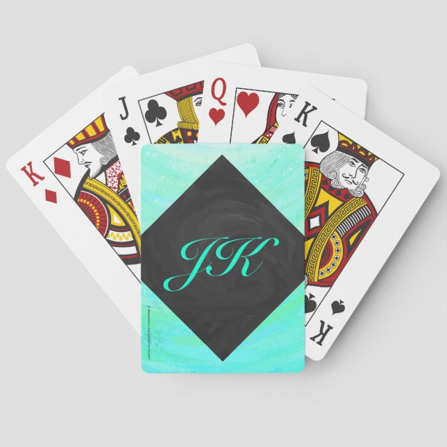 Mint Ice Blue and Black Monogram Poker Cards (Back)