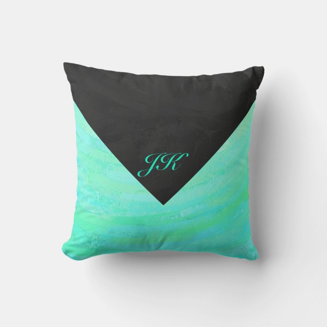 Mint Ice Blue and Black Monogram Throw Pillow (Front)