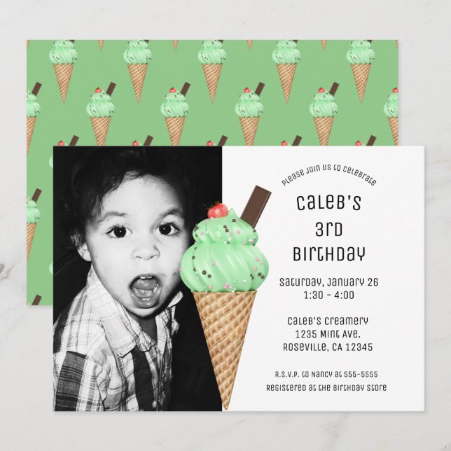  Mint Ice Cream Cone Party Custom Birthday Photo Invitation (Front/Back)