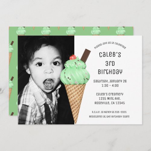  Mint Ice Cream Cone Party Custom Birthday Photo Invitation