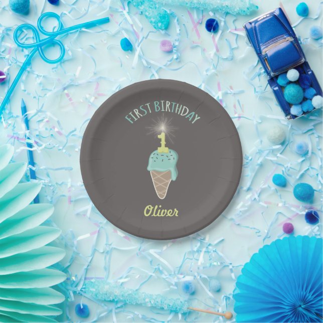 Mint Ice Cream Sparkler Boy 1st Birthday Party Paper Plates (Party)
