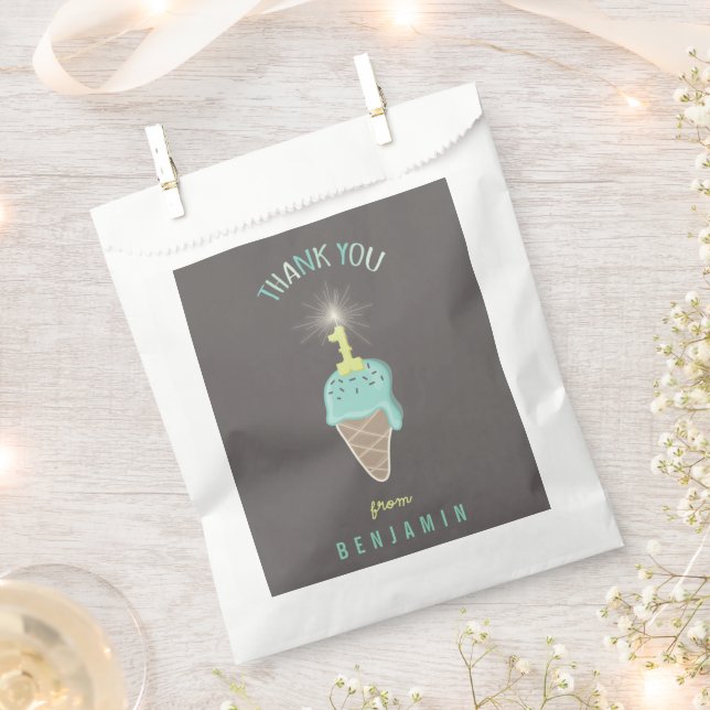 Mint Ice Cream Sparkler Boy 1st Birthday Thank You Favor Bag (Clipped)