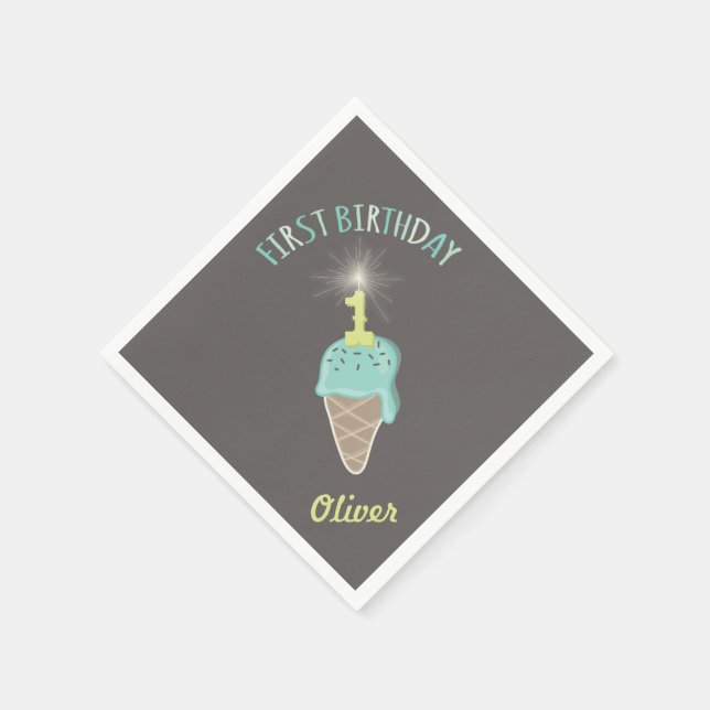 Mint Ice Cream Sparkler Boy's 1st Birthday Party Napkins (Corner)