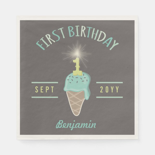 Mint Ice Cream Sparkler Boy's 1st Birthday Party Paper Napkins (Front)