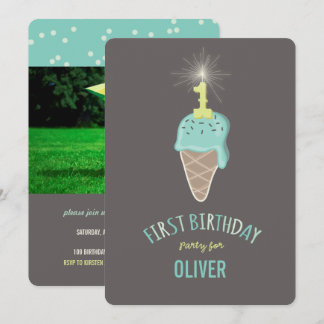 Mint Ice Cream Sparkler One Boy 1st Birthday Party Invitation