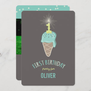 Mint Ice Cream Sparkler One Boy 1st Birthday Party Invitation