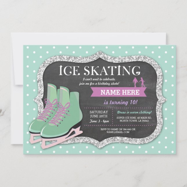 Mint Ice Skating Birthday Party Rink Skate Invite (Front)