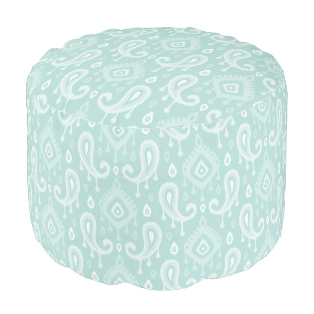 Mint Ikat Paisley Pouf (Angled Front)