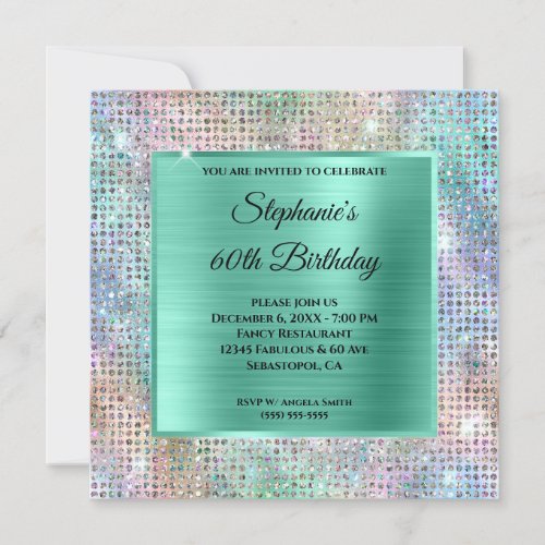 Mint Iridescent Diamond Studded Foil 60th Birthday Invitation