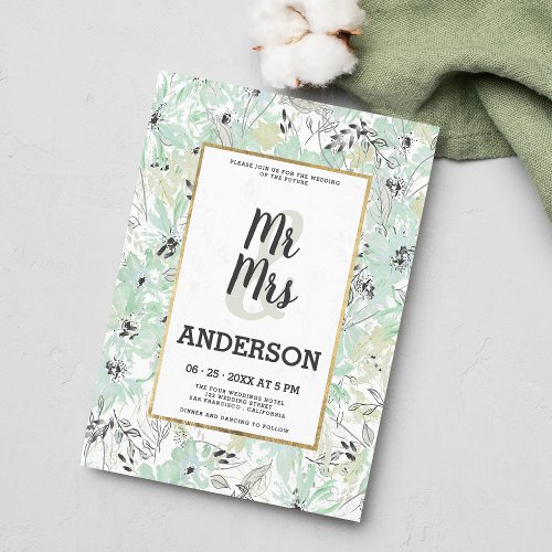 Mint ivory black typography MR MRS floral wedding Invitation