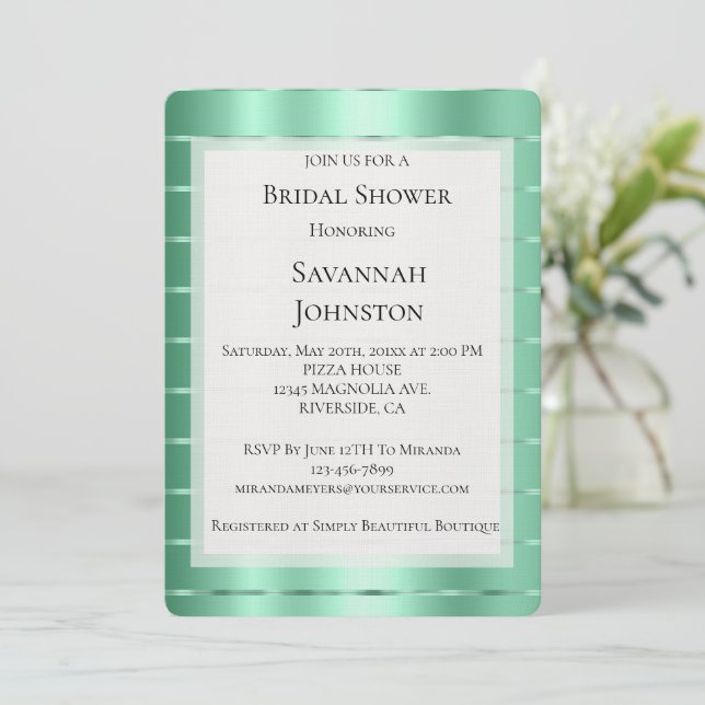 Mint Jewel Ribbon Bridal Shower Invitation (Standing Front)