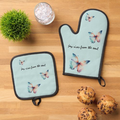 Mint Joy Rises from the Soul Butterfly  Oven Mitt  Pot Holder Set