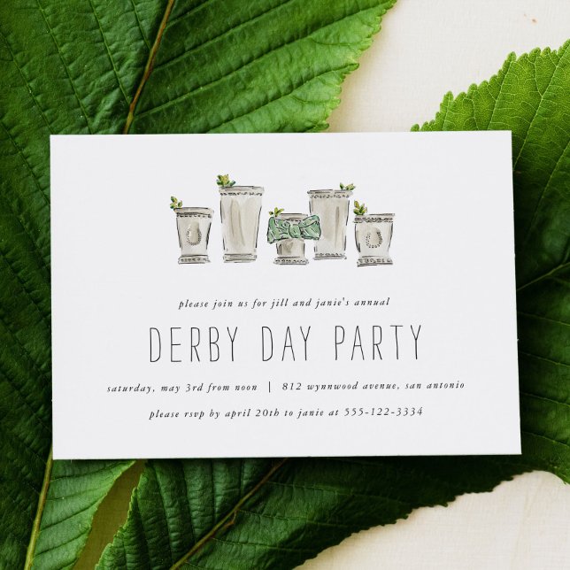Mint Julep Horse Race Derby Day Party Horizontal Invitation (Derby Day party invitation card featuring watercolor mint juleps.)