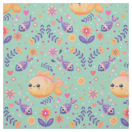 Mint Kawaii Goldfish Sea Garden Pattern Fabric
