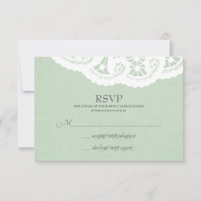 Mint Lace Doily Wedding RSVP Card (Front)