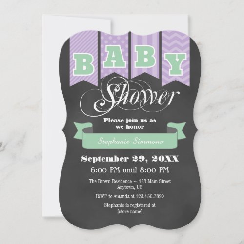 Mint Lavender Chalkboard Flag Baby Shower Invite