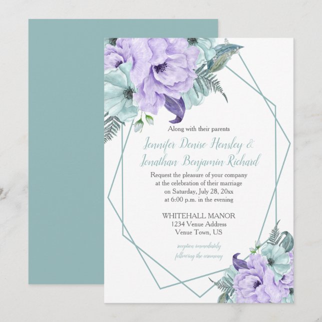 Mint Lavender Purple Geometric Watercolor Peonies Invitation (Front/Back)
