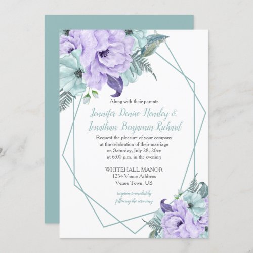 Mint Lavender Purple Geometric Watercolor Peonies Invitation