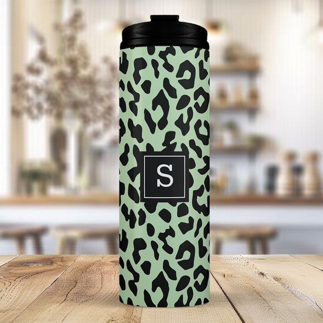 Mint Leopard Animal Print Pattern Monogrammed Thermal Tumbler (Creator Uploaded)