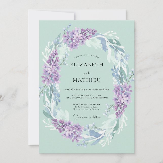 Mint Lilac Wreath Wedding Invitation (Front)