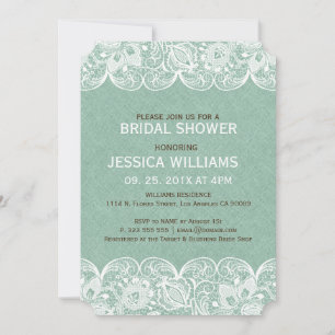 Mint Linen Print & White Lace Bridal Shower Invite