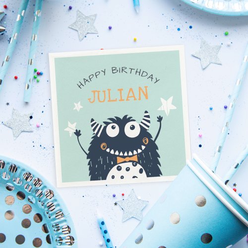 Mint  Little Monster Personalized Birthday Party Napkins
