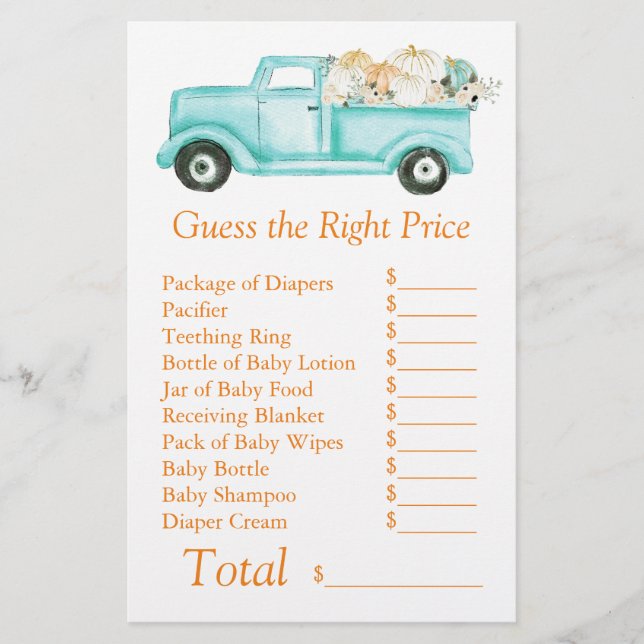 Mint Little Pumpkin Baby Shower Guess Right Price (Front)