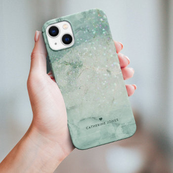 Mint Marble And Glitter Printed Texture Iphone 15 Plus Case by heartlocked at Zazzle